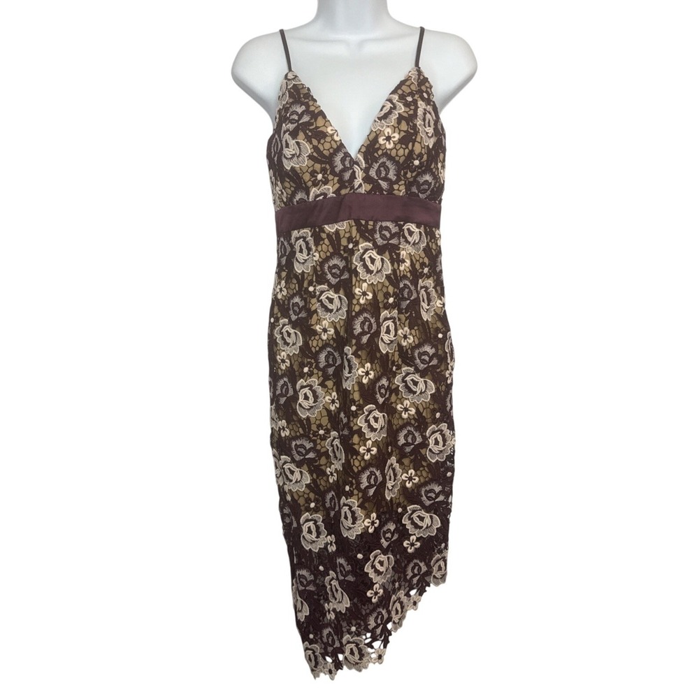 NWT Bardot Size 4 XS Burgundy Floral Lace Overlay Midi‎ Dress Asymmetrical Hem